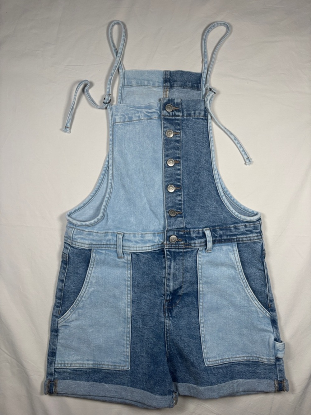 Vintage Two-Tone Denim Short Overalls - Light & Dark Blue